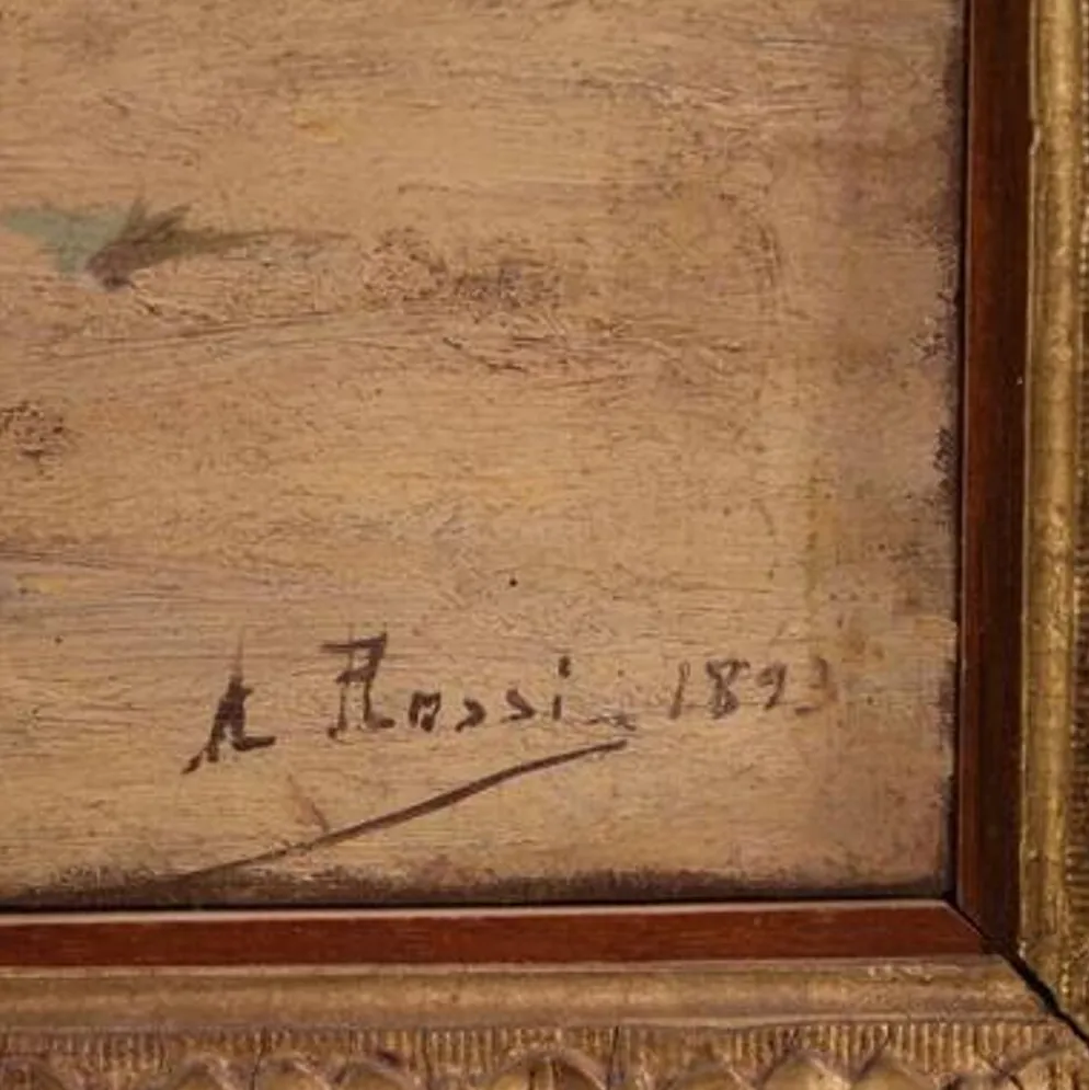 Peinture orientaliste signée A. Rossi et datée de 1893, caravane dans le désert