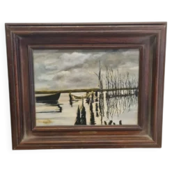 Peinture paysage avec cadre en bois