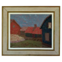 Peinture vintage paysage de village – Huile sur toile signée – Années 60-70
