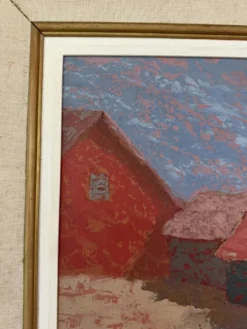 Peinture vintage paysage de village – Huile sur toile signée – Années 60-70