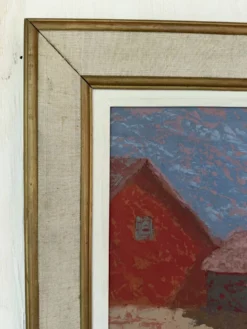 Peinture vintage paysage de village – Huile sur toile signée – Années 60-70