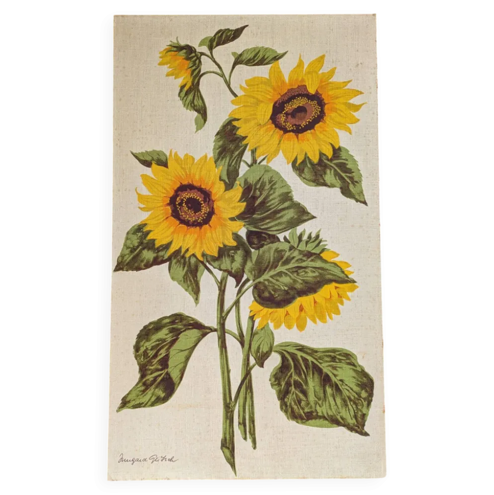 Peinture vintage sur lin''Les Tournesols'' par Irmgard Gutsche 60'/70'