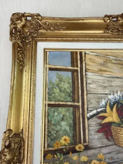 Peinture vintage vélo fleuri – Huile sur toile signée – Cadre doré ancien