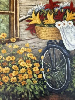 Peinture vintage vélo fleuri – Huile sur toile signée – Cadre doré ancien