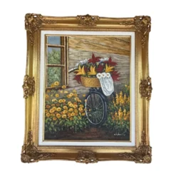 Peinture vintage vélo fleuri – Huile sur toile signée – Cadre doré ancien