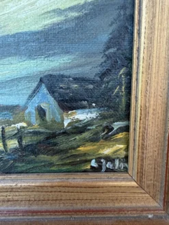 Petite peinture vintage paysage de campagne – Huile sur toile – Maison anci