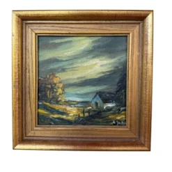 Petite peinture vintage paysage de campagne – Huile sur toile – Maison anci