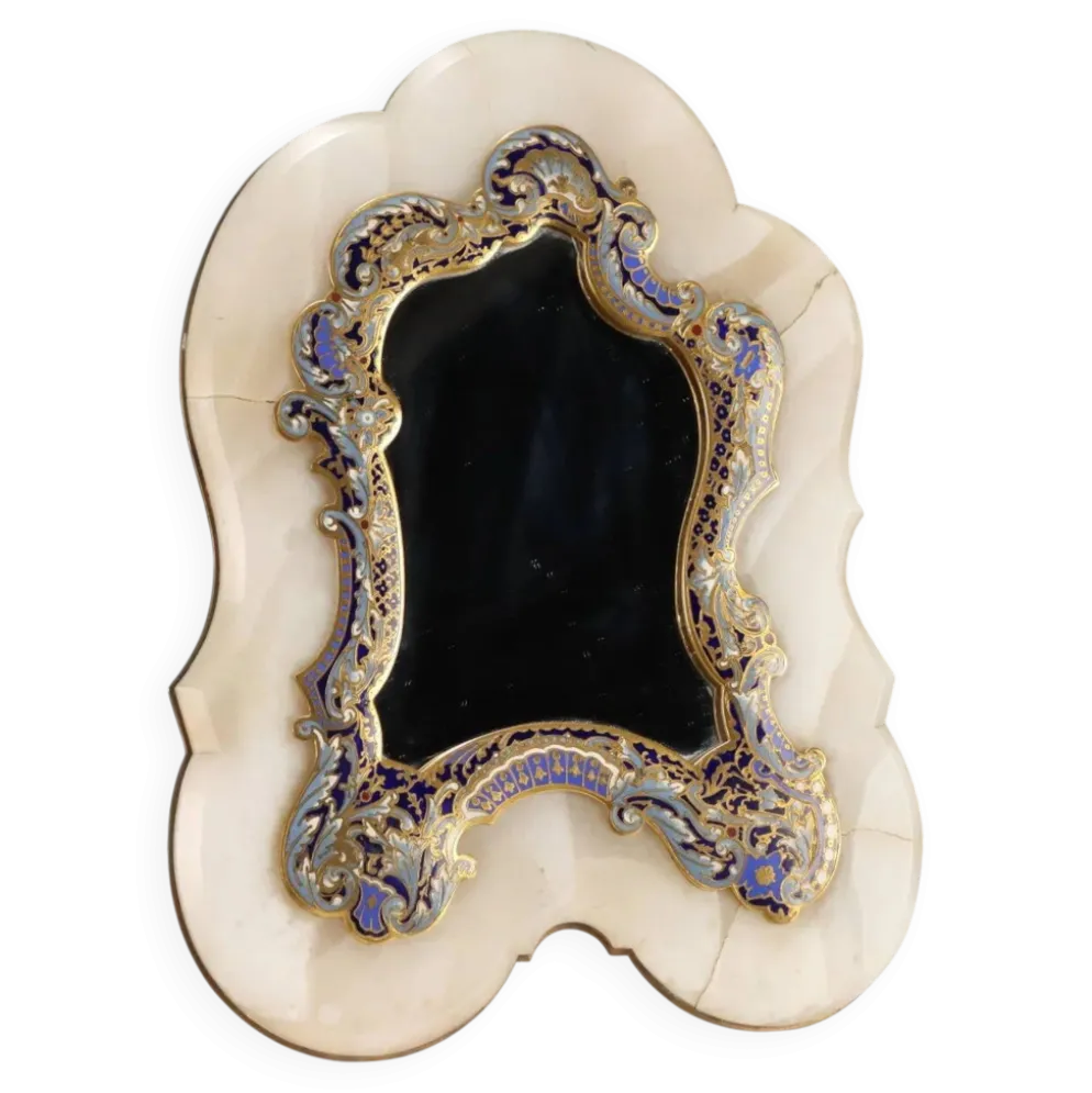 Petit miroir de table ancien champlévé et bronze doré XIX-XX siècle