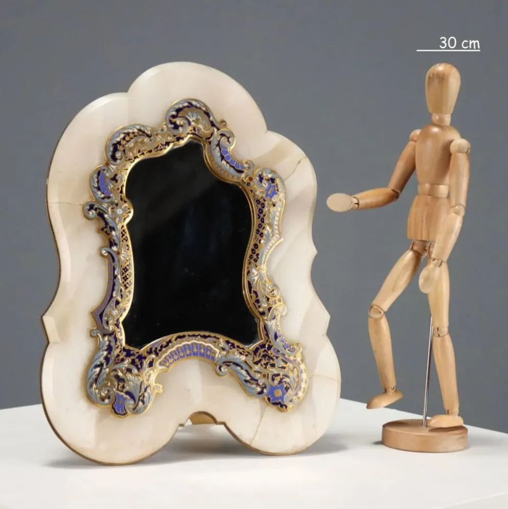 Petit miroir de table ancien champlévé et bronze doré XIX-XX siècle