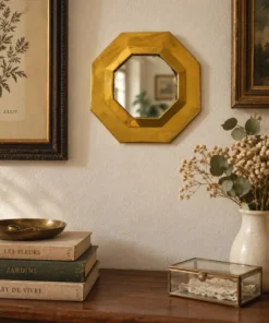 Petit miroir octogonal vintage en métal doré – style Art déco 19 cm