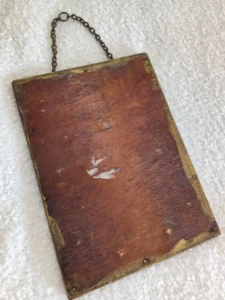 Petit miroir vintage en bois doré, verre biseauté avec chaîne