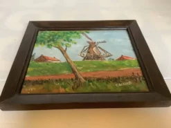 Petit tableau paysage moulin huile sur panneau signée