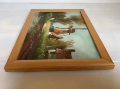 Petit tableau village avec un moulin huile sur toile signée