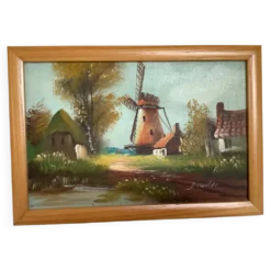Petit tableau village avec un moulin huile sur toile signée