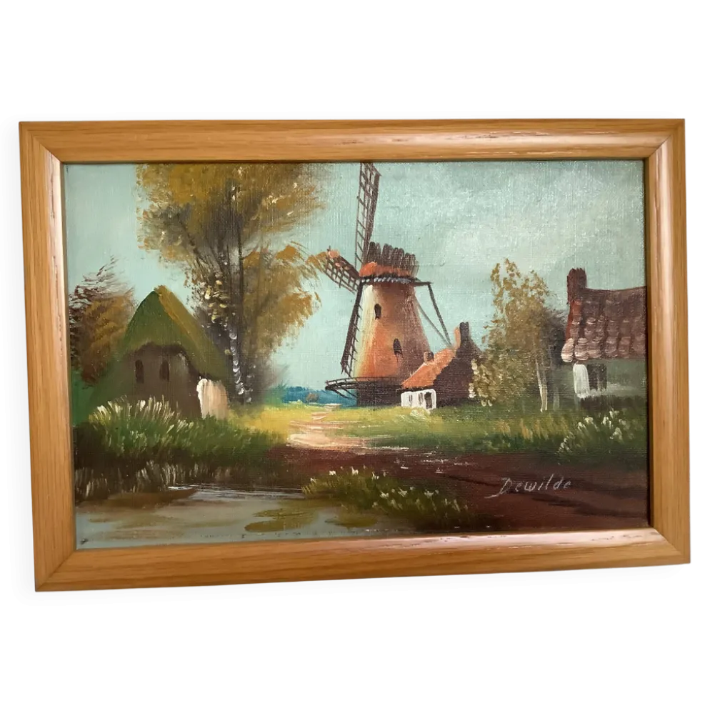 Petit tableau village avec un moulin huile sur toile signée