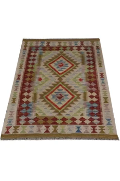 Petit tapis en laine tissé à plat avec un motif géométrique en zigzag pour le salon.