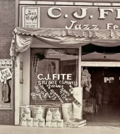 Photo vintage Mississippi 1936 – Devanture CJ Fite Jazz Feeds – Tirage prem