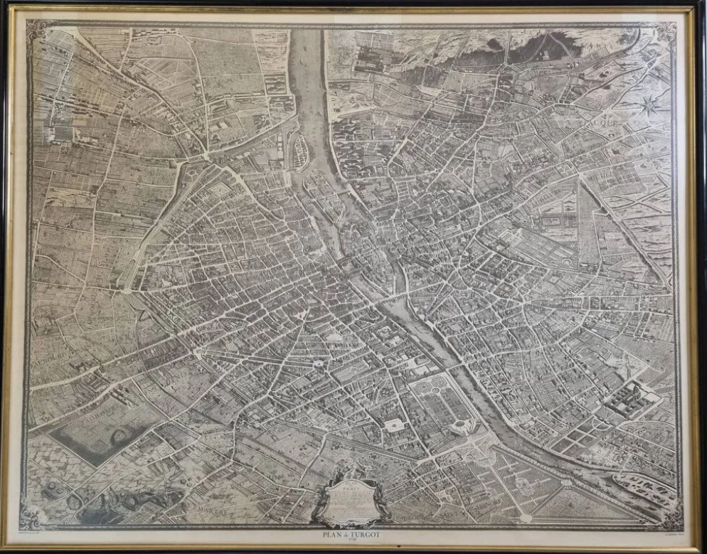 Plan de Turgot 1739 – Reproduction vintage encadrée 100 x 80 cm avec verre