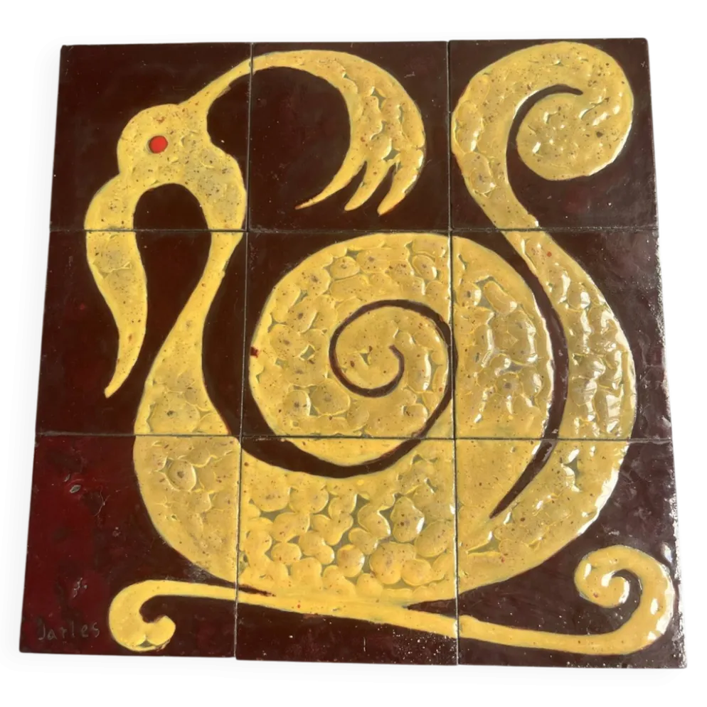Plaque de céramique motif zoomorphe composée de 9 carreaux
