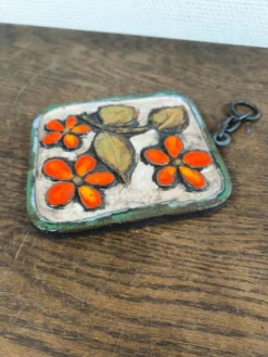 Plaque murale céramique vintage 60s/70s style Vallauris / Fat Lava fleurs orange