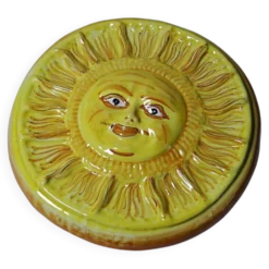 Plaque murale soleil anthropomorphe en majolique de Vietri artisanal vintag