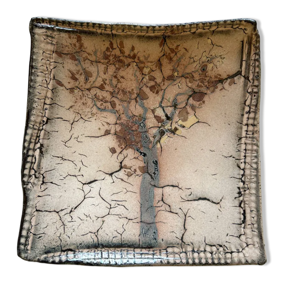 Plat carré en grès émaillé "Arbre" – Bernard Dal Magro