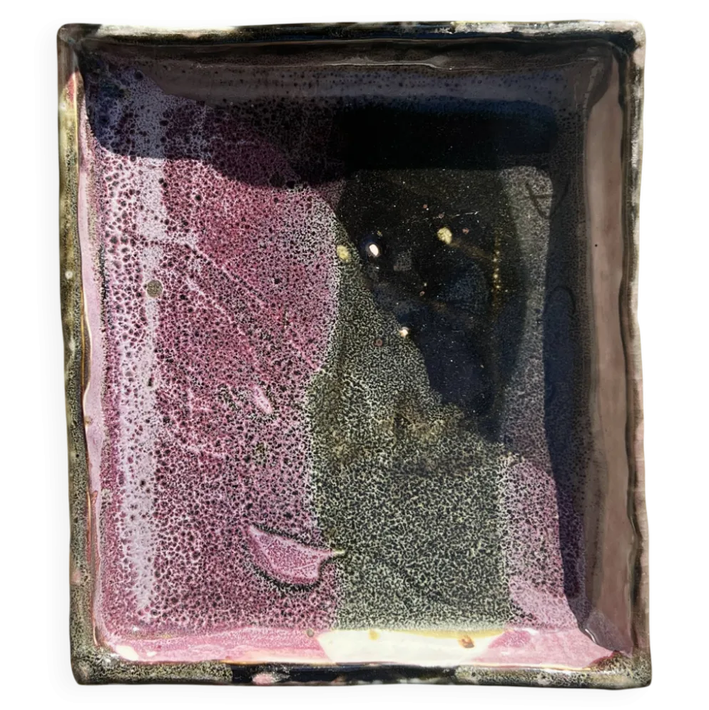 Plat / vide poche gres blanc chamoté & émaillé, pièce d'atelier signée 1970