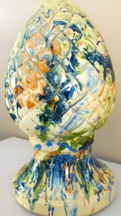 Pomme de pin, céramique, terre cuite émaillée, couleurs mêlées, vives,32cm