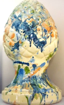 Pomme de pin, céramique, terre cuite émaillée, couleurs mêlées, vives,32cm