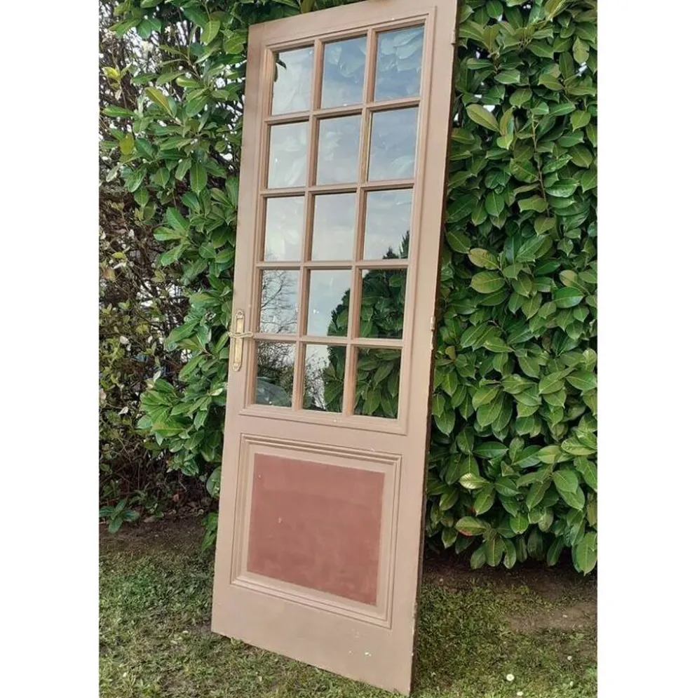 Porte ancienne de communication vitrée moulurée 221x83cm 15 petits carreaux