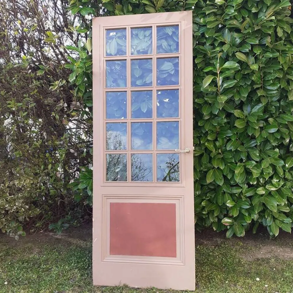 Porte ancienne de communication vitrée moulurée 221x83cm 15 petits carreaux