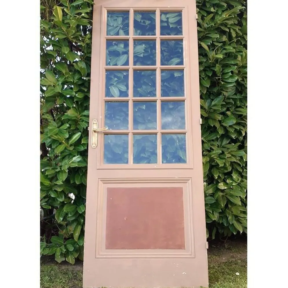 Porte ancienne de communication vitrée moulurée 221x83cm 15 petits carreaux