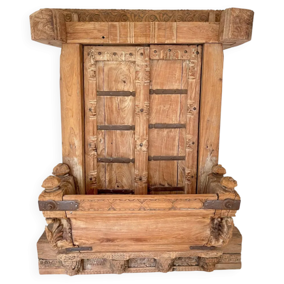 Porte & balcon indien ancien du Rajasthan en teck massif