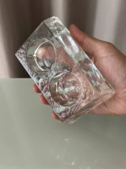 Porte-bougie double en verre épais vintage – verre transparent sculptural