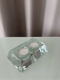 Porte-bougie double en verre épais vintage – verre transparent sculptural