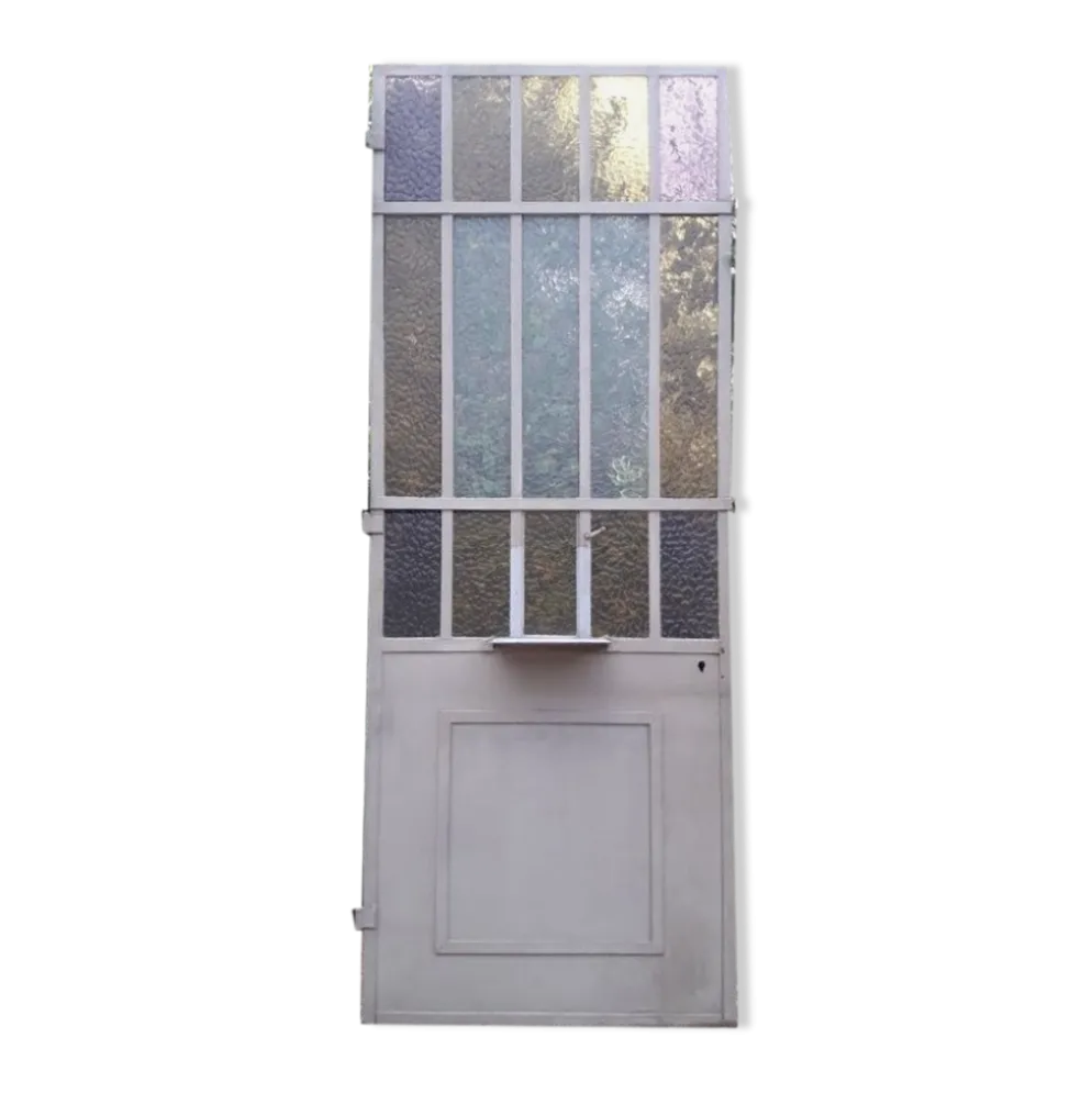 Porte d'atelier 258,4x98,5cm en fer et verres cathédrales colorés