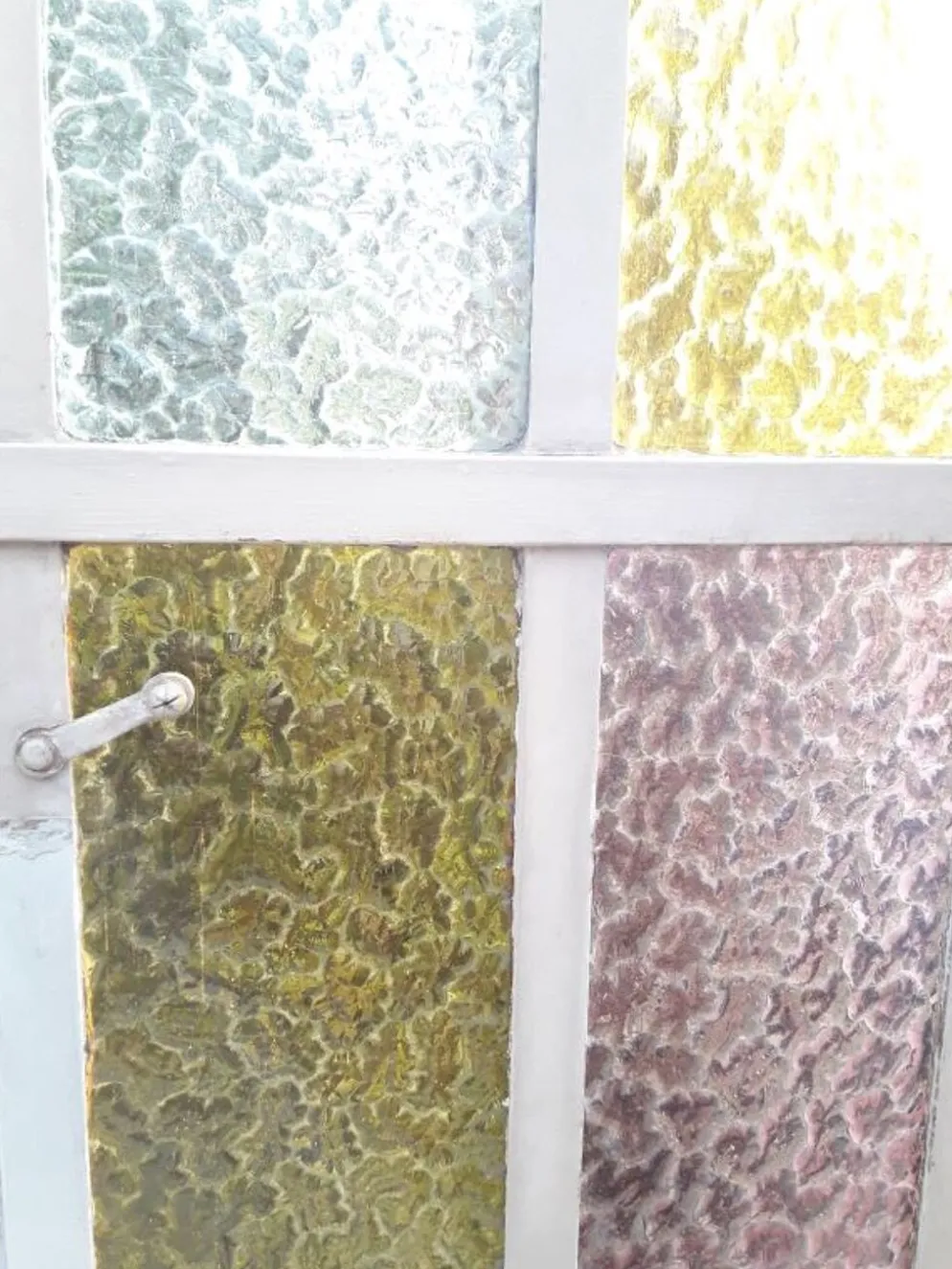 Porte d'atelier 258,4x98,5cm en fer et verres cathédrales colorés