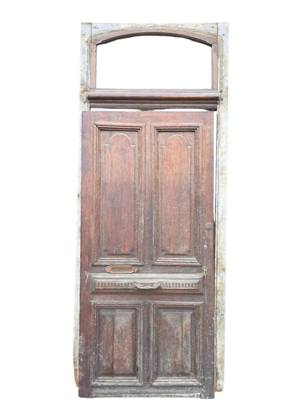 Porte d'entrée ancienne en chêne massif avec bâti