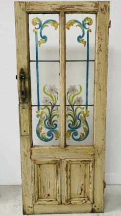 Porte de passage en sapin patiné et verre peint Art Déco