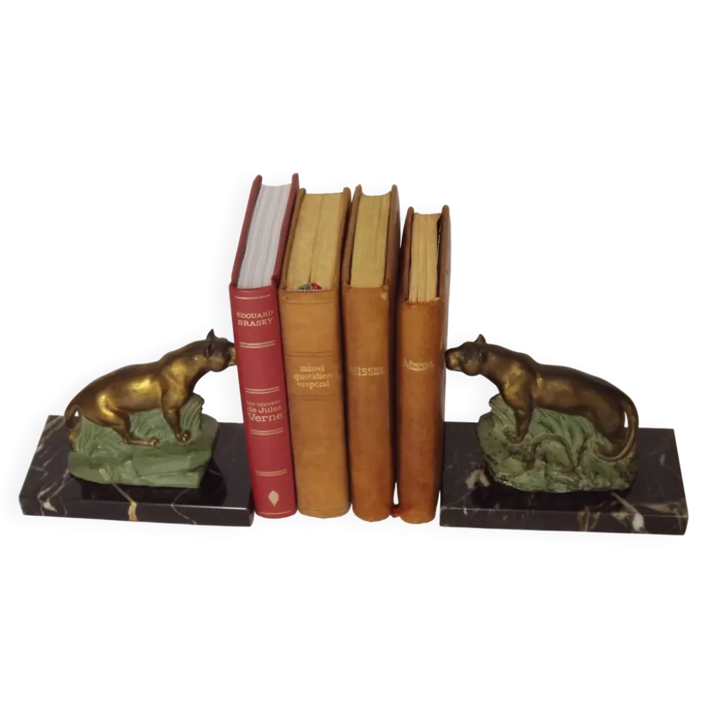 Porte-livres panthère Art Déco français vintage - Porte-livres en marbre et métal