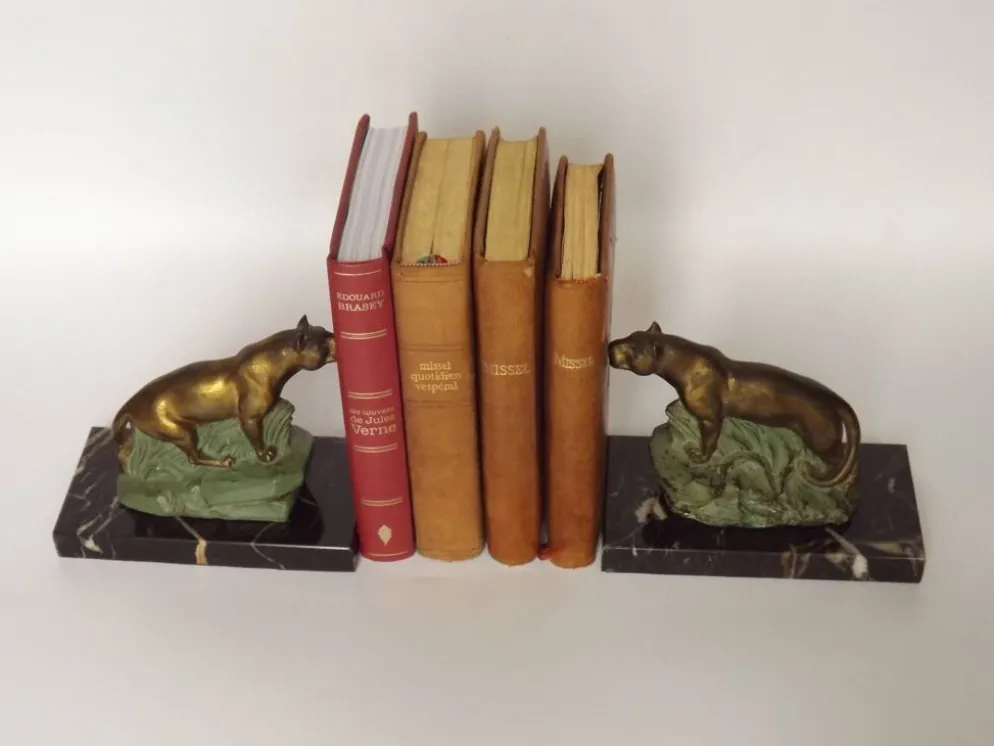Porte-livres panthère Art Déco français vintage - Porte-livres en marbre et métal