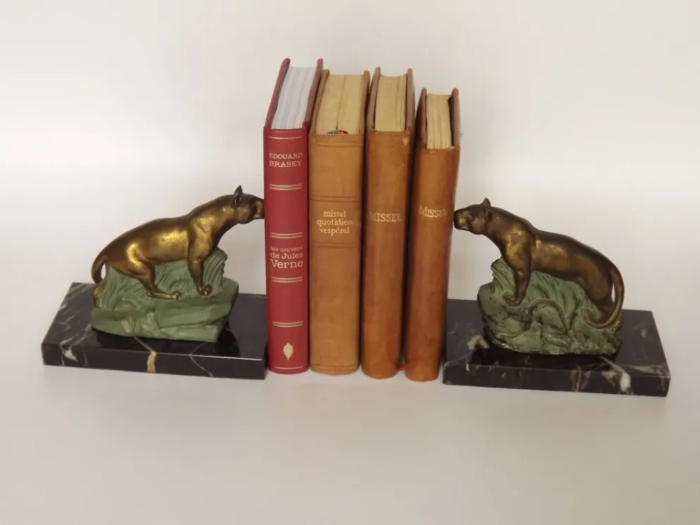 Porte-livres panthère Art Déco français vintage - Porte-livres en marbre et métal