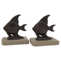 Porte-livres vintage français Art Déco en forme de poisson - Porte-livres en marbre et en spelter