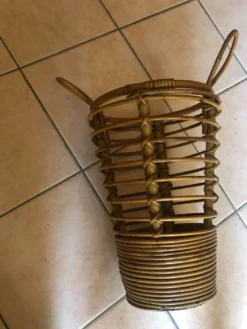 Porte parapluie à anses bambou et rotin vintage Années 60