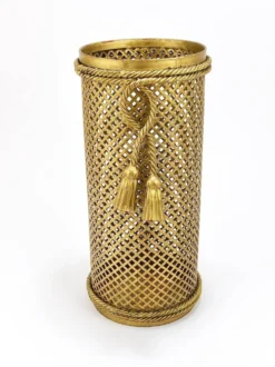 Porte-parapluie Hollywood Regency en métal doré avec corde et pampilles, Li Puma Firenze, 1950