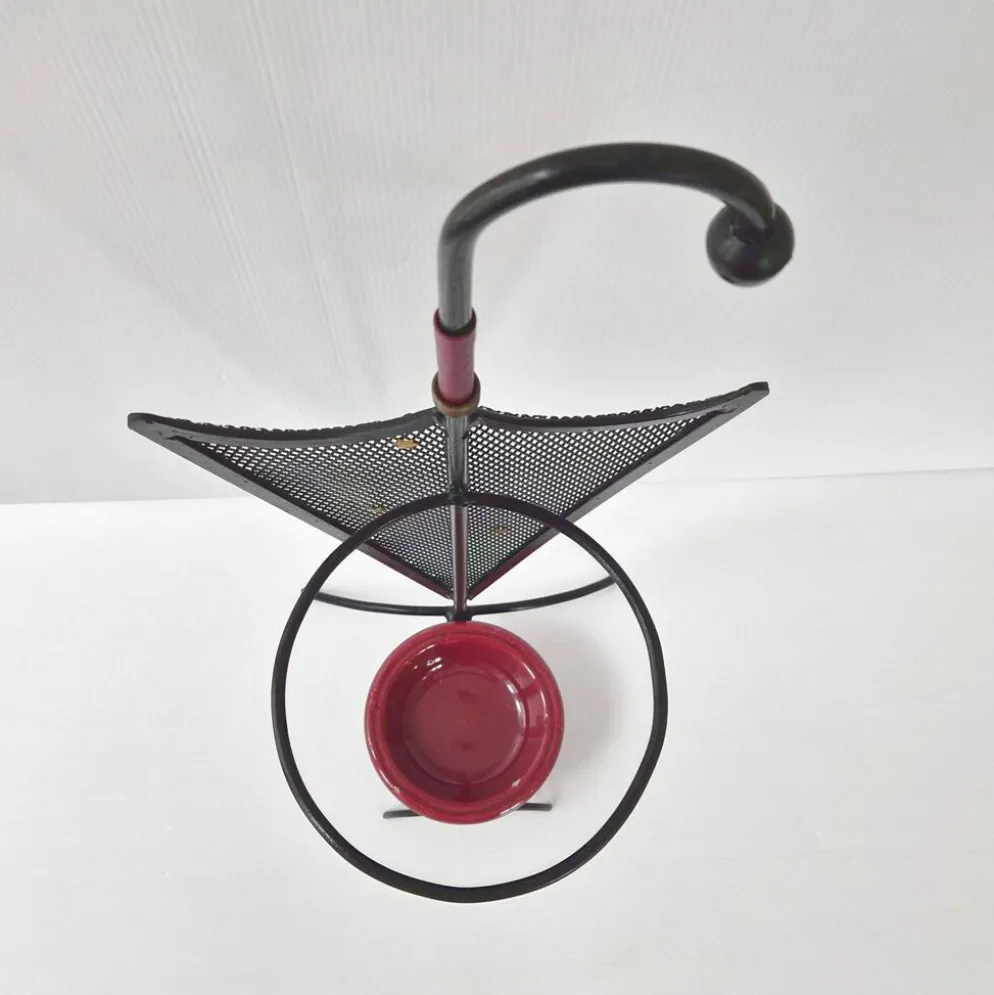 Porte-parapluie vintage 1950 en métal cuir & céramique bordeaux 50s rockabilly