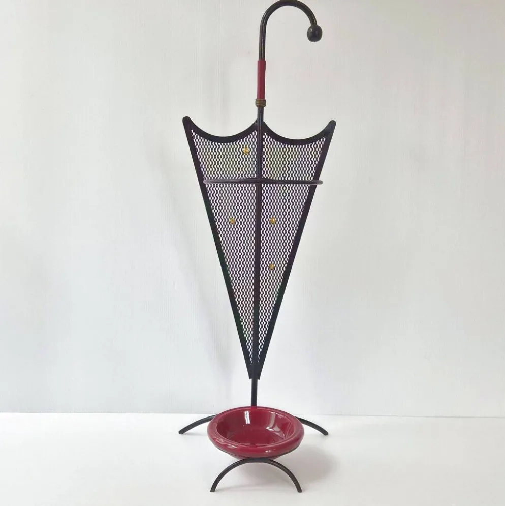 Porte-parapluie vintage 1950 en métal cuir & céramique bordeaux 50s rockabilly