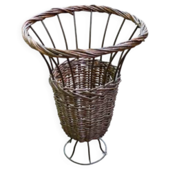 Porte parapluie vintage en rotin et osier tressé et acier