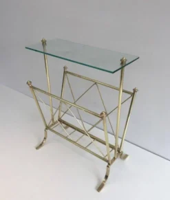 Porte-revues de style néoclassique en laiton et tablette de verre de la Maison Jansen