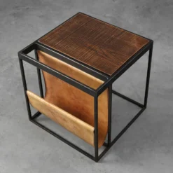 Porte-revues en métal, bois et cuir, Belgique années 1960